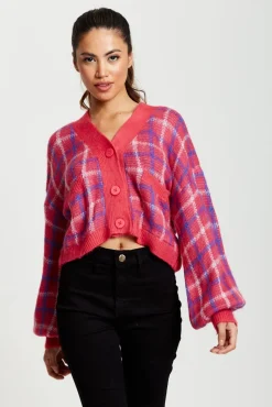 Women Liquorish Check V-Neck Button Down Cardigan In