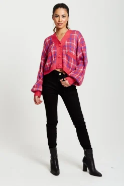 Women Liquorish Check V-Neck Button Down Cardigan In