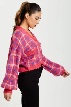 Women Liquorish Check V-Neck Button Down Cardigan In