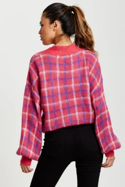 Women Liquorish Check V-Neck Button Down Cardigan In