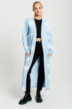 Women Liquorish Cloud Pattern Longline Cardigan In Light