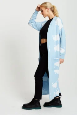 Women Liquorish Cloud Pattern Longline Cardigan In Light