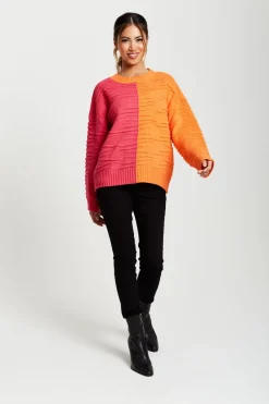 Women Liquorish Colour Block Jumper In Orange And Pink