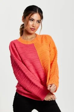 Women Liquorish Colour Block Jumper In Orange And Pink