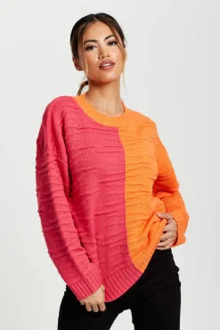Women Liquorish Colour Block Jumper In Orange And Pink