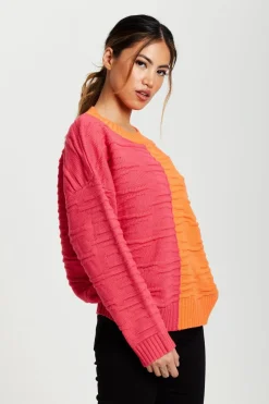 Women Liquorish Colour Block Jumper In Orange And Pink