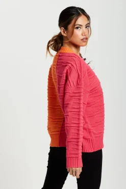 Women Liquorish Colour Block Jumper In Orange And Pink