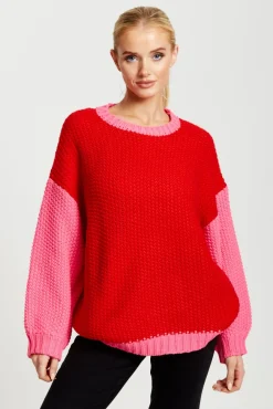 Women Liquorish Contrast Sleeve Jumper In Pink And Red