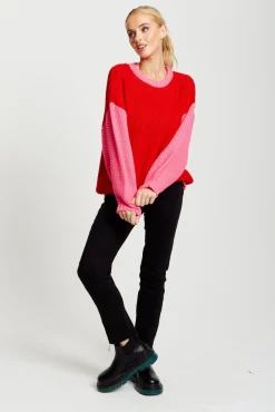 Women Liquorish Contrast Sleeve Jumper In Pink And Red