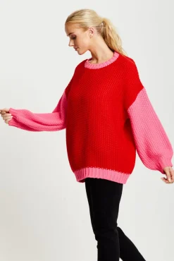 Women Liquorish Contrast Sleeve Jumper In Pink And Red