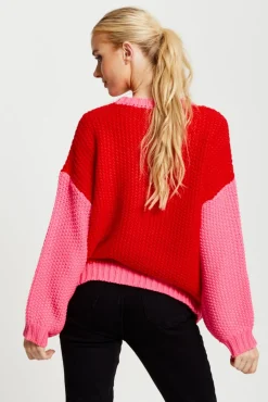 Women Liquorish Contrast Sleeve Jumper In Pink And Red