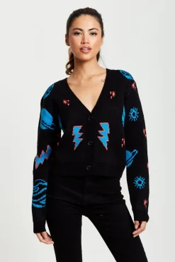 Women Liquorish Cosmic Pattern Cropped Cardigan In