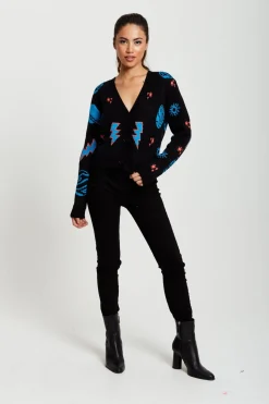 Women Liquorish Cosmic Pattern Cropped Cardigan In