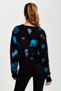 Women Liquorish Cosmic Pattern Cropped Cardigan In