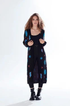 Women Liquorish Cosmic Pattern Open Front Cardigan In