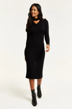 Women Liquorish Cut Out Front Cable Knit Midi Dress In