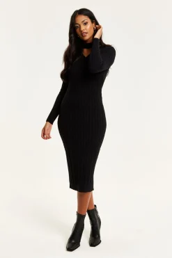 Women Liquorish Cut Out Front Cable Knit Midi Dress In