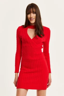 Women Liquorish Cut Out Front Cable Knit Mini Dress In