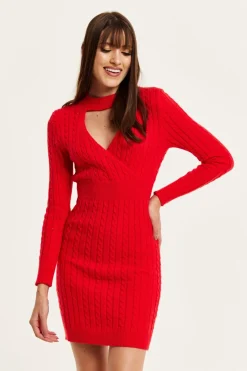 Women Liquorish Cut Out Front Cable Knit Mini Dress In
