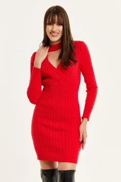 Women Liquorish Cut Out Front Cable Knit Mini Dress In