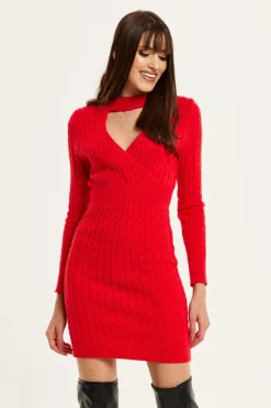 Women Liquorish Cut Out Front Cable Knit Mini Dress In