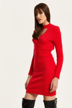 Women Liquorish Cut Out Front Cable Knit Mini Dress In