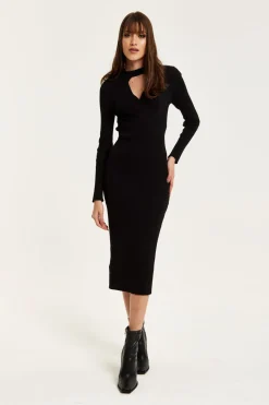 Women Liquorish Cut Out Front Ribbed Midi Knit Dress In