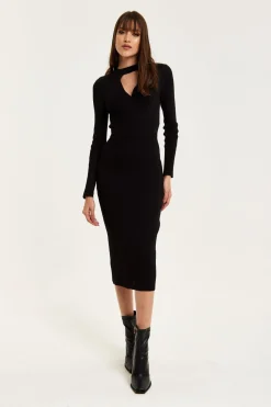 Women Liquorish Cut Out Front Ribbed Midi Knit Dress In