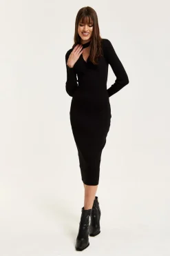 Women Liquorish Cut Out Front Ribbed Midi Knit Dress In