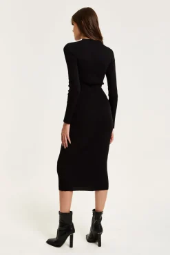 Women Liquorish Cut Out Front Ribbed Midi Knit Dress In