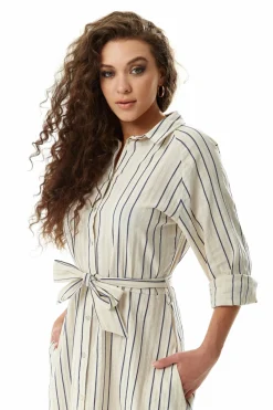 Women Liquorish Divine Grace Navy Stripe Button Up Mididress
