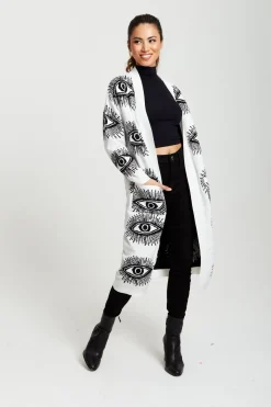 Women Liquorish Eye Pattern Longline Cardigan In