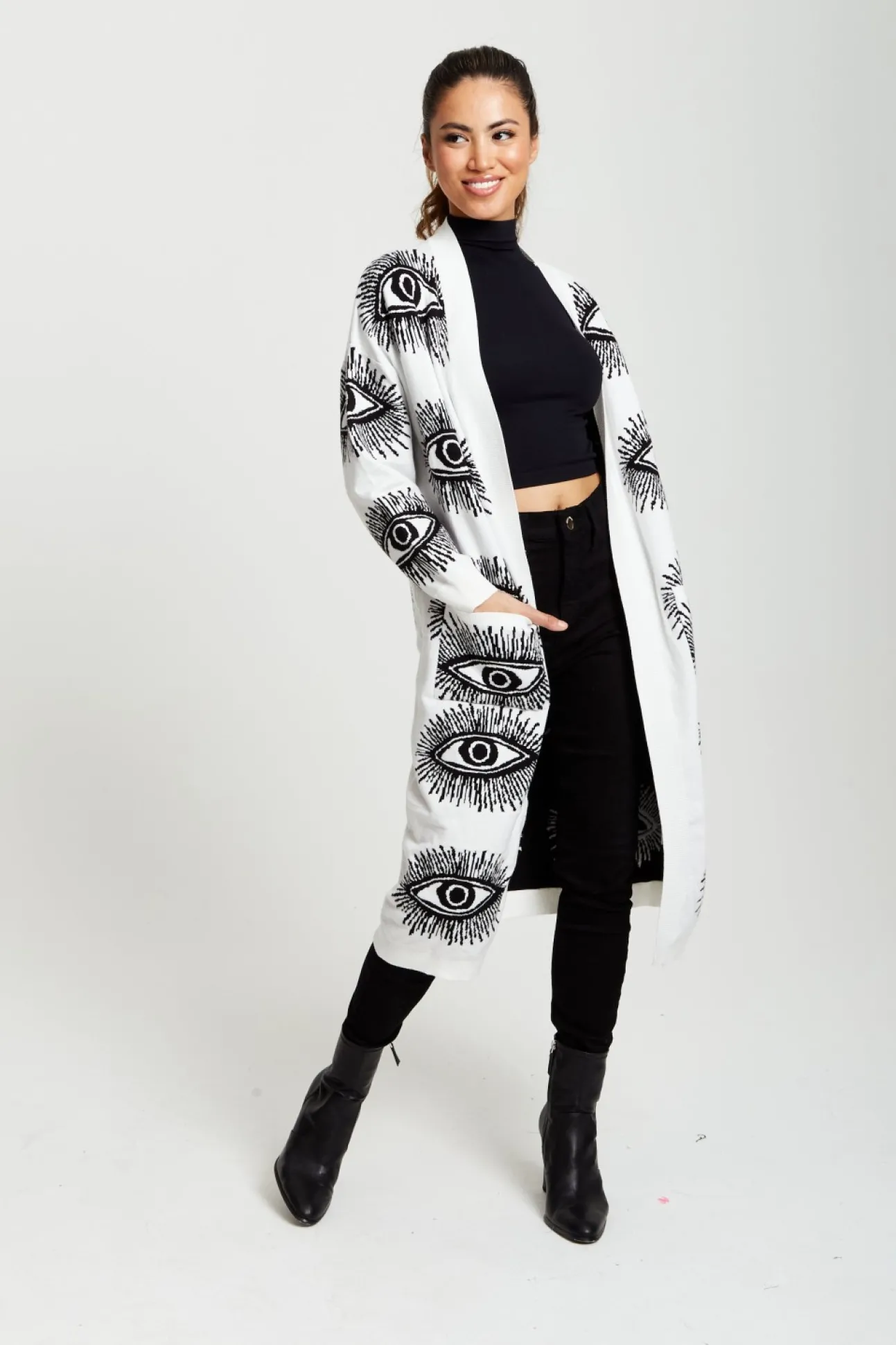Women Liquorish Eye Pattern Longline Cardigan In