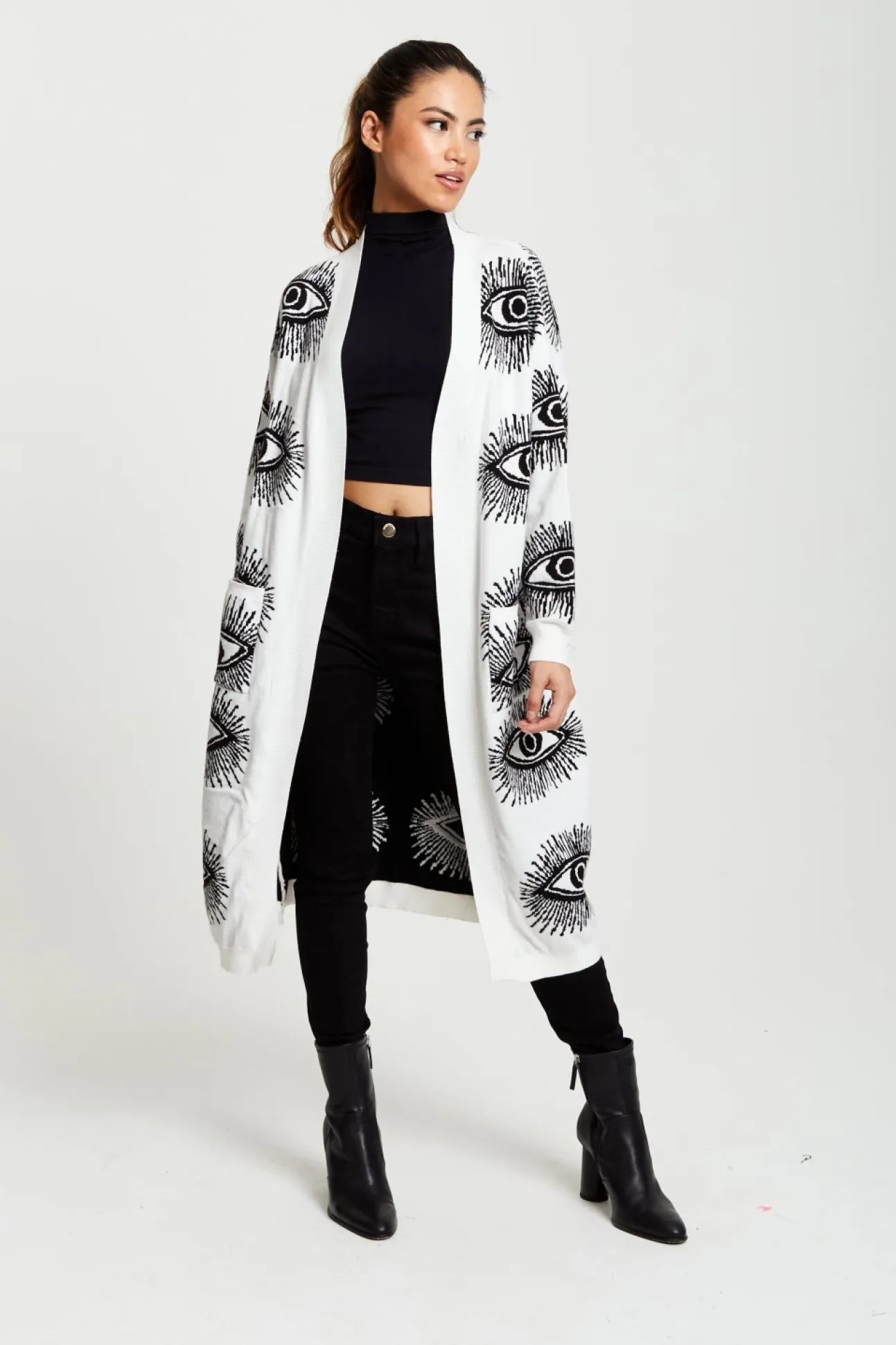 Women Liquorish Eye Pattern Longline Cardigan In