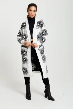 Women Liquorish Eye Pattern Longline Cardigan In