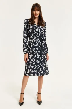 Women Liquorish Floral And Bird Print Midi Fake Wrap Dress In