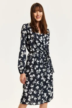 Women Liquorish Floral And Bird Print Midi Fake Wrap Dress In