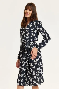 Women Liquorish Floral And Bird Print Midi Fake Wrap Dress In