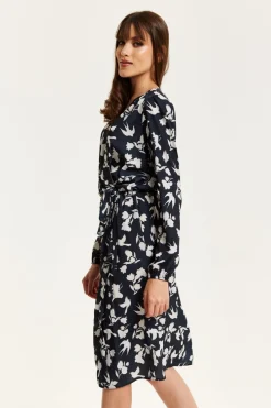 Women Liquorish Floral And Bird Print Midi Fake Wrap Dress In