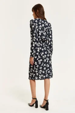 Women Liquorish Floral And Bird Print Midi Fake Wrap Dress In