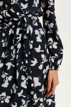 Women Liquorish Floral And Bird Print Midi Fake Wrap Dress In
