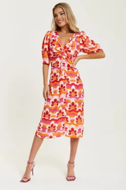 Women Liquorish Floral Knot Front Midi Dress In Orange And Pink