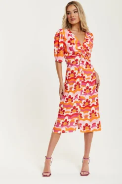 Women Liquorish Floral Knot Front Midi Dress In Orange And Pink