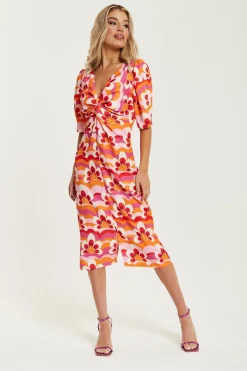 Women Liquorish Floral Knot Front Midi Dress In Orange And Pink