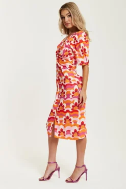 Women Liquorish Floral Knot Front Midi Dress In Orange And Pink