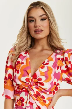 Women Liquorish Floral Knot Front Midi Dress In Orange And Pink