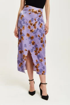 Women Liquorish Floral Midi Skirt With Ruching Detail