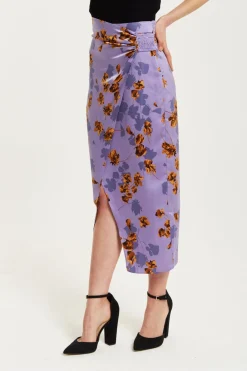 Women Liquorish Floral Midi Skirt With Ruching Detail