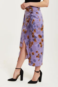 Women Liquorish Floral Midi Skirt With Ruching Detail