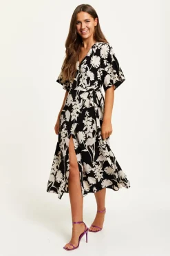 Women Liquorish Floral Print Midi Wrap Dress With Kimono Sleeves